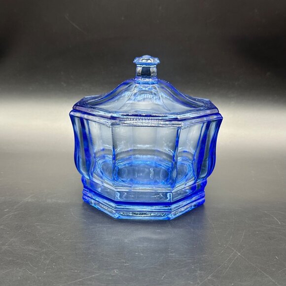 Vintage Candy Dish Blue Glass Octagon Trinket Holder Lid Indiana Glass Retro - Picture 2 of 7